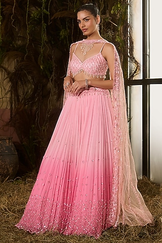 Pink Ombre Georgette Sequins Work Lehenga Set by Shashank Arya