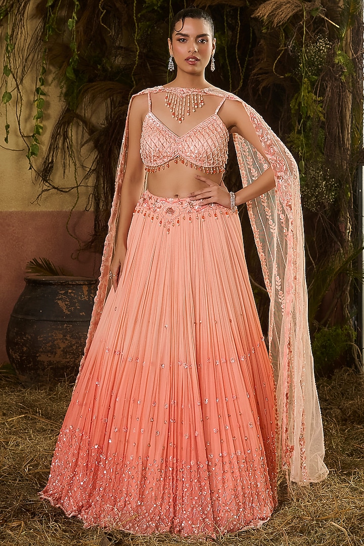 Peach Ombre Georgette Sequins Work Wedding Lehenga Set by Shashank Arya at Pernia's Pop Up Shop