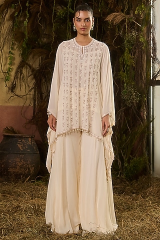Ivory Georgette Crepe Embroidered Kaftan Set by Shashank Arya
