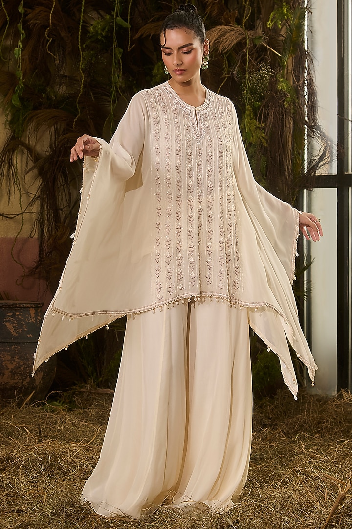 Ivory Georgette Crepe Embroidered Kaftan Set by Shashank Arya at Pernia's Pop Up Shop