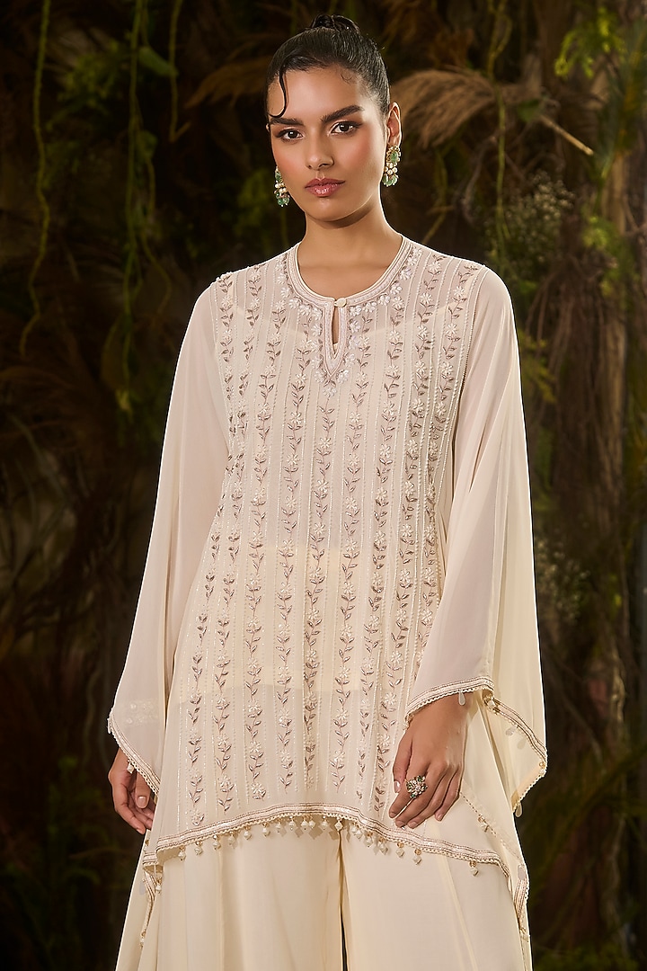 Ivory Georgette Crepe Embroidered Kaftan Set by Shashank Arya at Pernia's Pop Up Shop