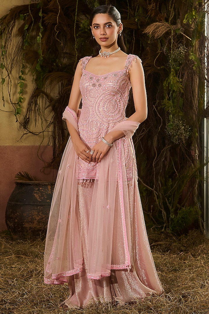 Peach Crinkled Foil Georgette Sequins Embroidered Bridal Sharara Set by Shashank Arya at Pernia's Pop Up Shop