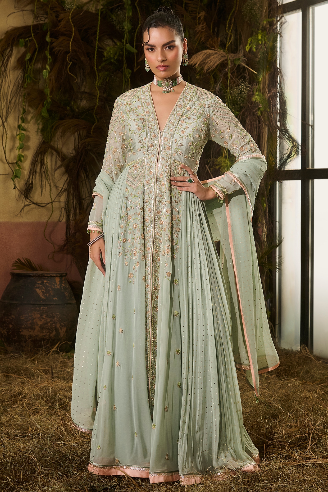 Shashank Arya Mint Green Georgette Resham Embroidered Anarkali Set