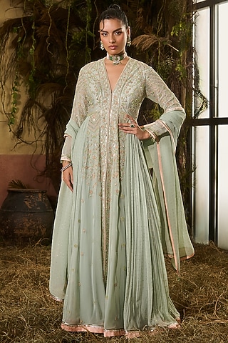 Mint Green Georgette Resham Embroidered Anarkali Set by Shashank Arya