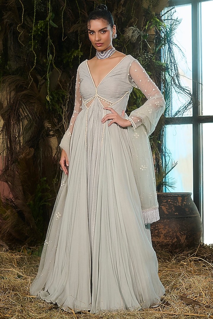 Powder Blue Crinkled Foil Georgette Pearl Work Bridal Anarkali Set by Shashank Arya at Pernia's Pop Up Shop