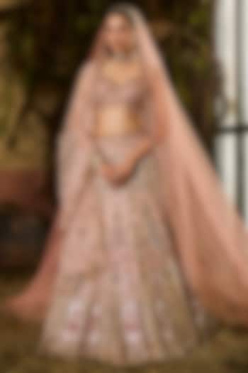 Peach & Gold Dupion Embroidered Bridal Lehenga Set by Shashank Arya at Pernia's Pop Up Shop