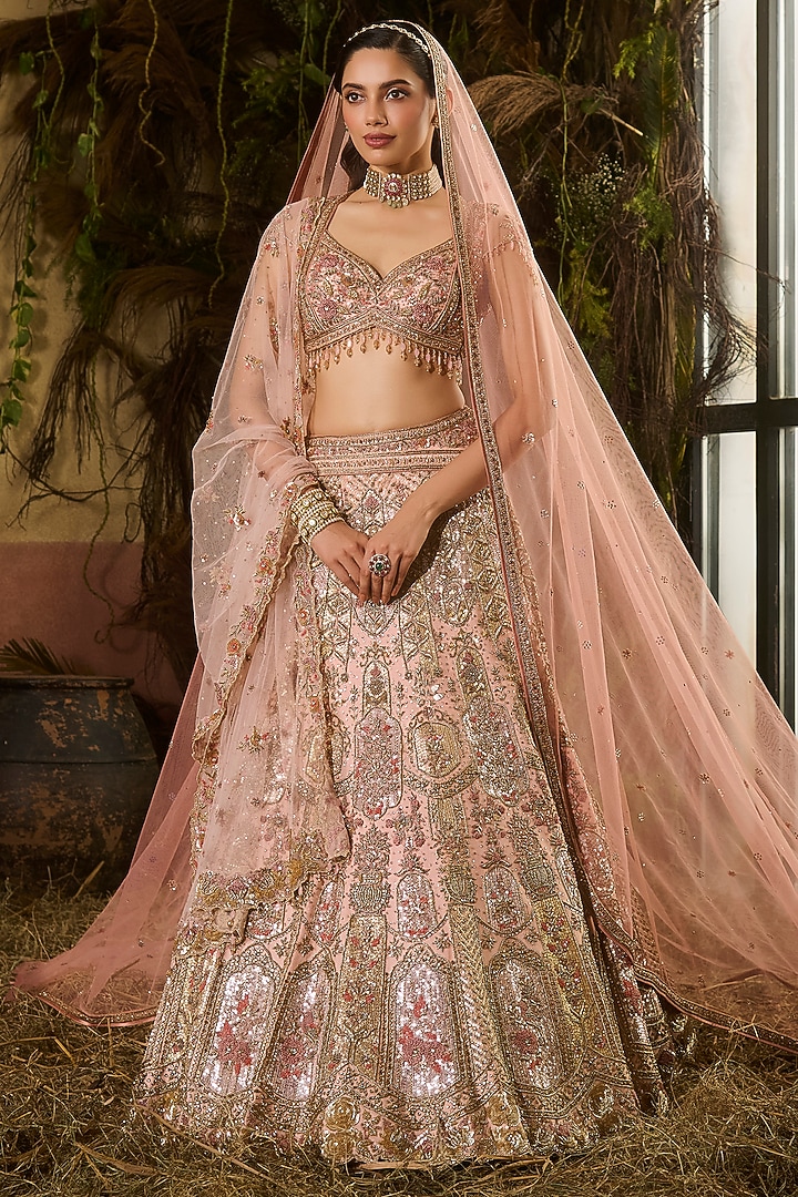 Peach & Gold Dupion Embroidered Bridal Lehenga Set by Shashank Arya at Pernia's Pop Up Shop