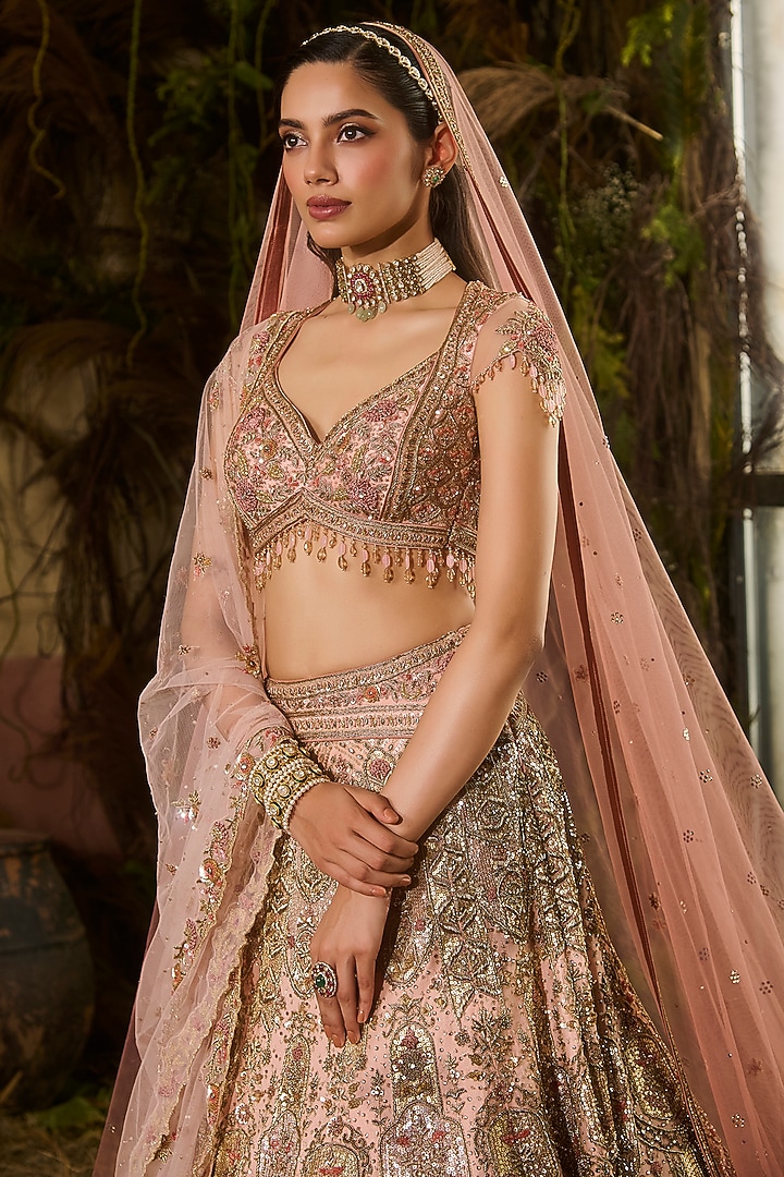 Peach & Gold Dupion Embroidered Bridal Lehenga Set by Shashank Arya at Pernia's Pop Up Shop