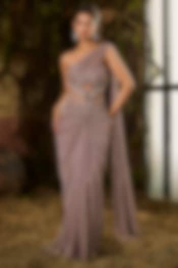 Grey Metallic Pleated Knit Embellished Wedding Gown Saree by Shashank Arya at Pernia's Pop Up Shop