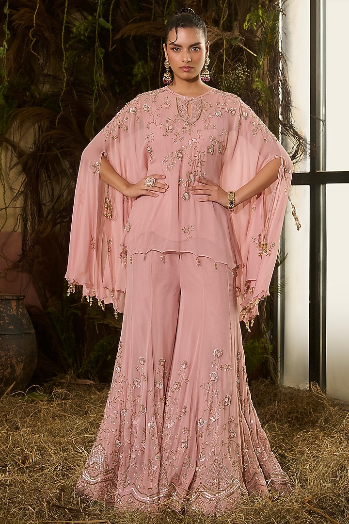 Onion Pink Georgette & Crepe Embroidered Bridal Sharara Set by Shashank Arya at Pernia's Pop Up Shop