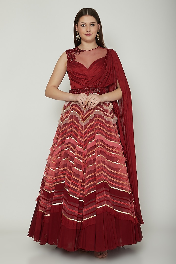 Maroon Embroidered Draped Anarkali Gown by Shashank Arya
