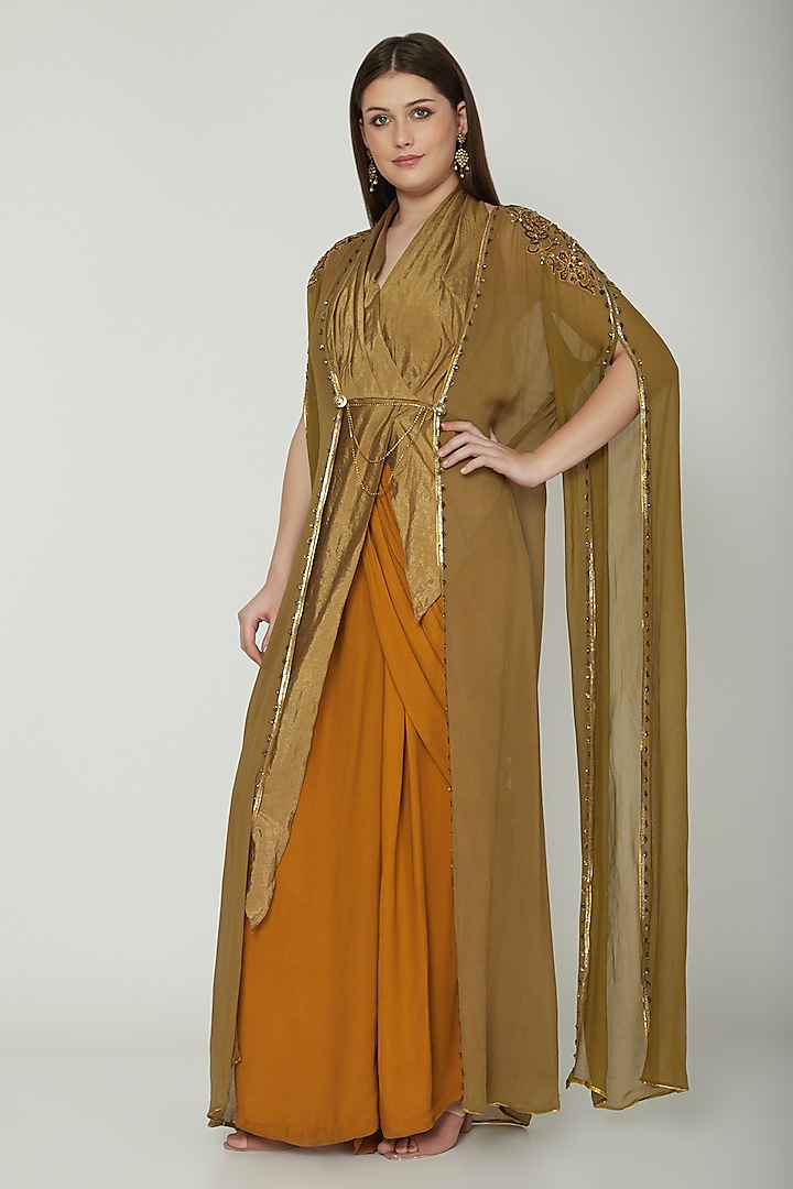 Olive Green Embellished Cape With Top & Draped Dress by Shashank Arya