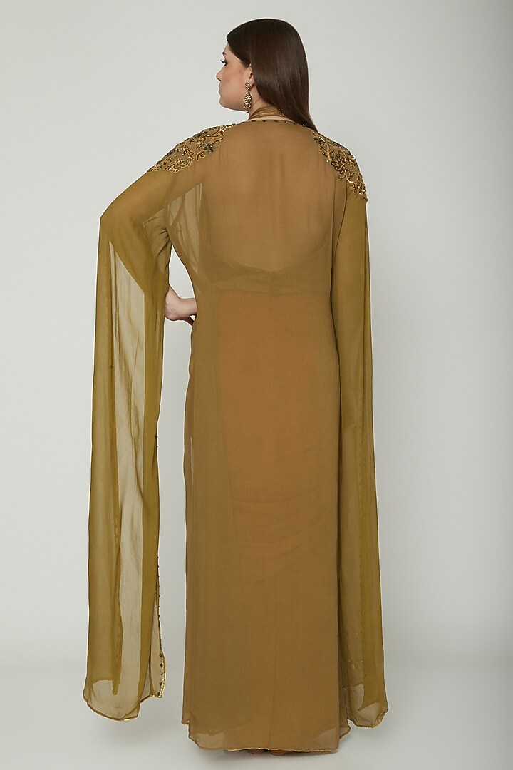 Olive Green Embellished Cape With Top & Draped Cocktail Dress by Shashank Arya at Pernia's Pop Up Shop