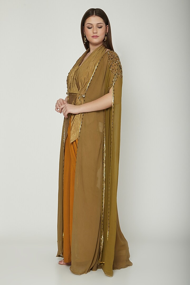 Olive Green Embellished Cape With Top & Draped Cocktail Dress by Shashank Arya at Pernia's Pop Up Shop