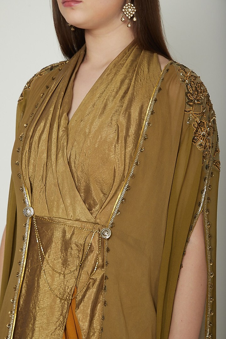 Olive Green Embellished Cape With Top & Draped Cocktail Dress by Shashank Arya at Pernia's Pop Up Shop