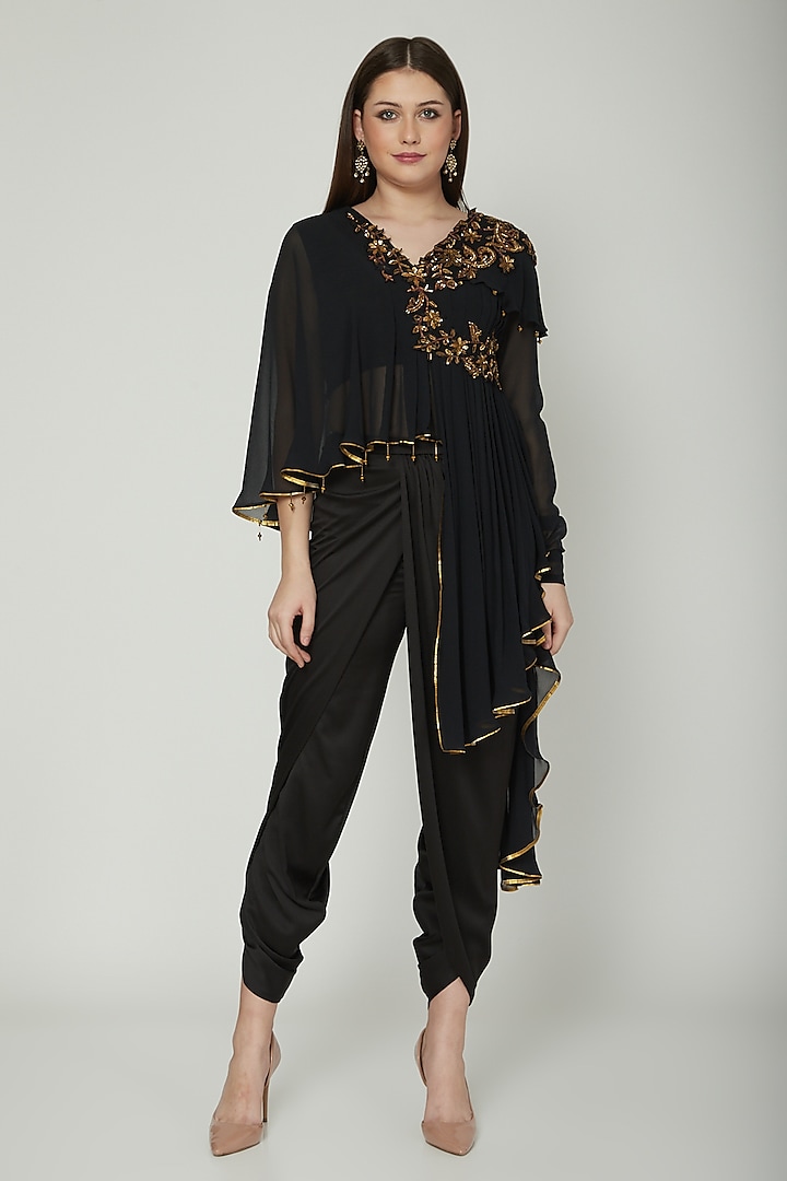 Black Embroidered Draped Top With Dhoti Pants by Shashank Arya