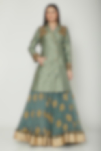 Sky Blue Embroidered Overcoat With Skirt by Shashank Arya