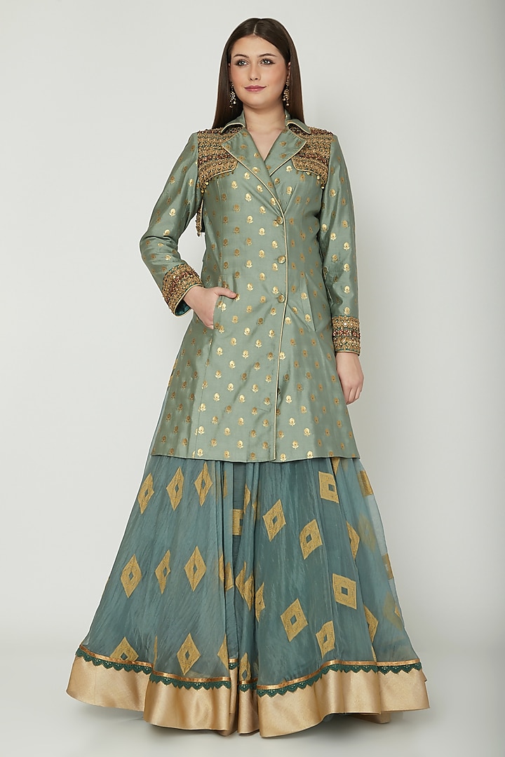 Sky Blue Embroidered Overcoat With Skirt by Shashank Arya