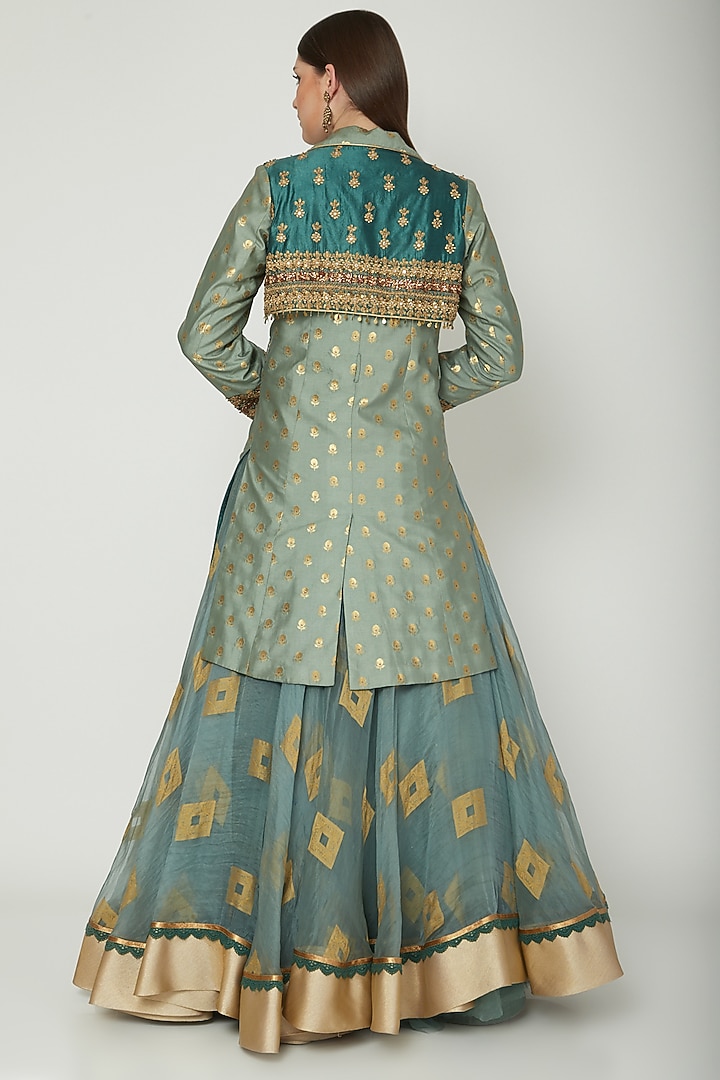 Sky Blue Embroidered Overcoat With Skirt by Shashank Arya at Pernia's Pop Up Shop
