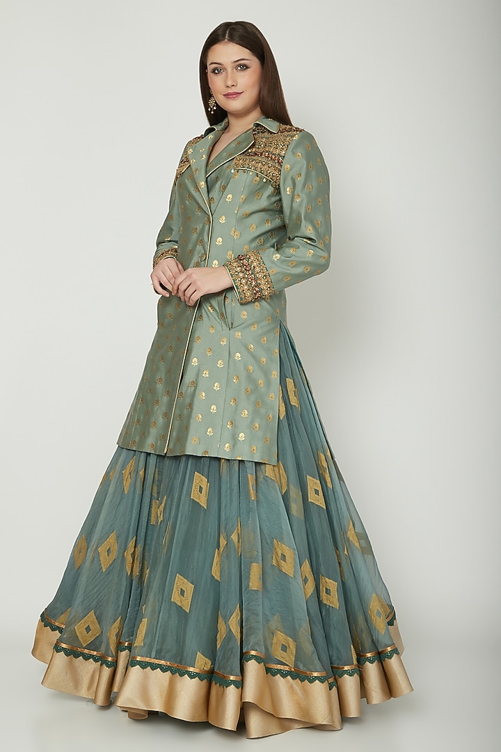 Sky Blue Embroidered Overcoat With Skirt by Shashank Arya at Pernia's Pop Up Shop