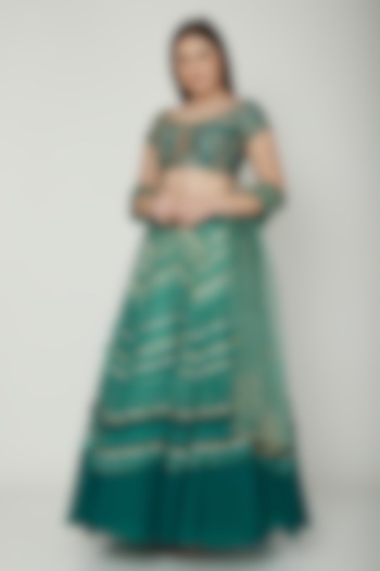 Turquoise Embroidered Textured Lehenga Set by Shashank Arya