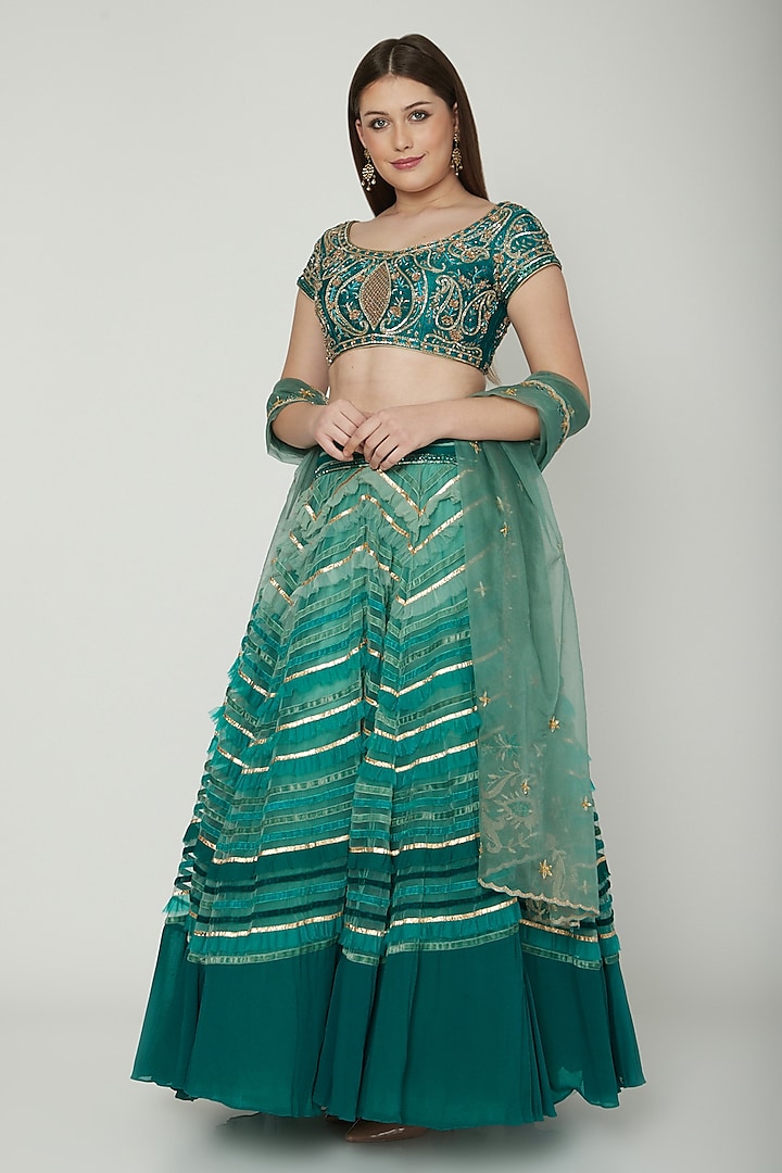 Turquoise Embroidered Textured Lehenga Set Design by Shashank Arya at ...