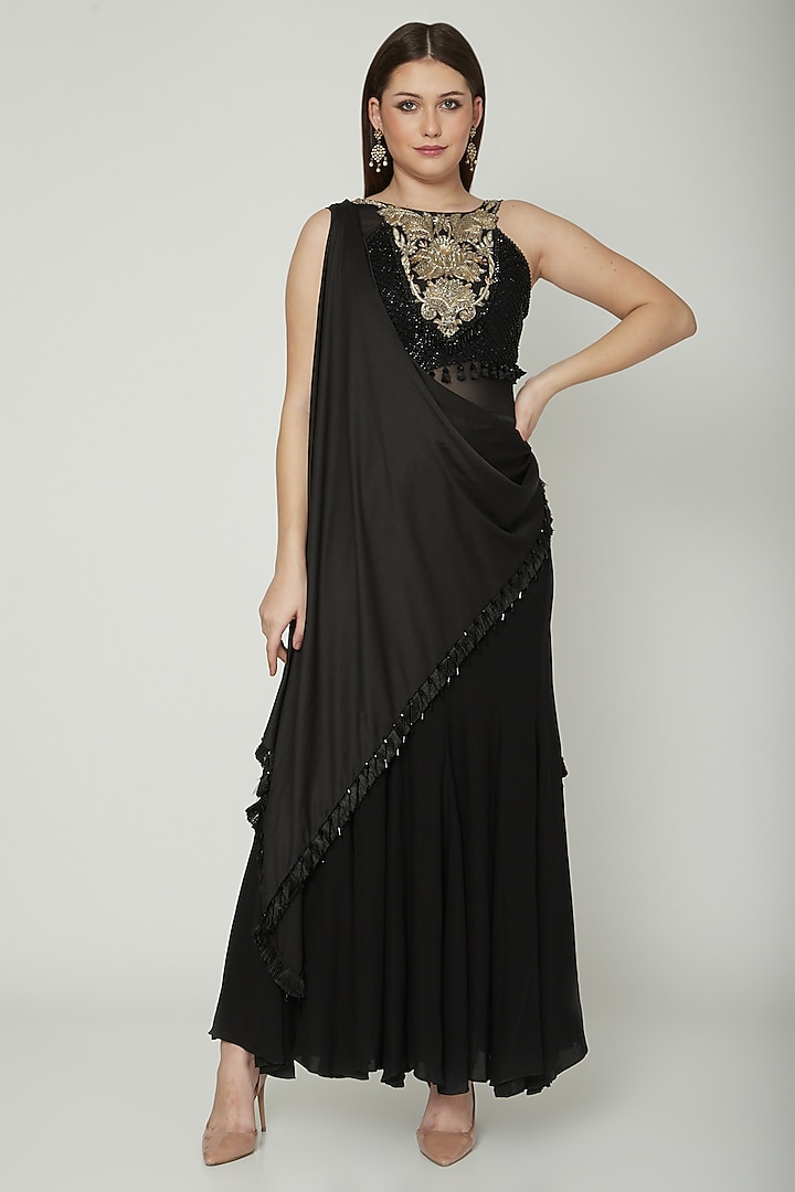Black Embroidered Saree Gown by Shashank Arya