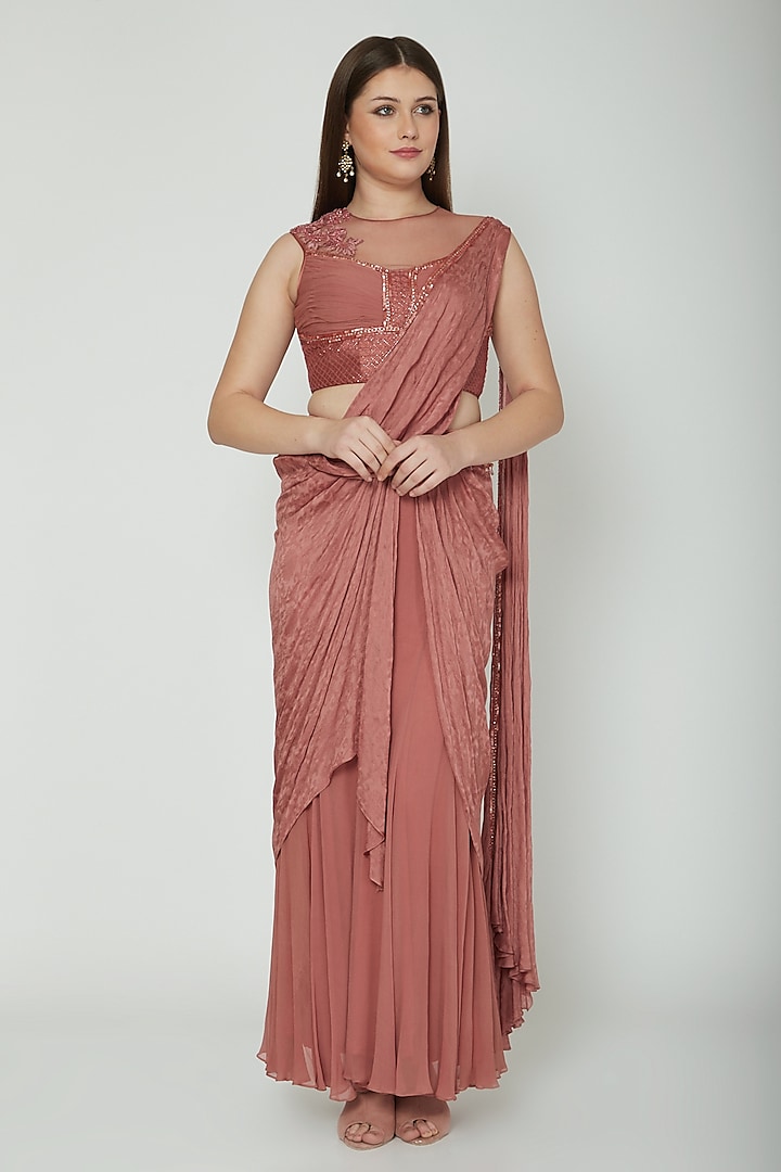 Nude Embroidered Draped Concept Saree Set by Shashank Arya
