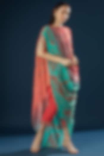 Coral & Blue Embroidered Draped Kurta Set by Shashank Arya at Pernia's Pop Up Shop