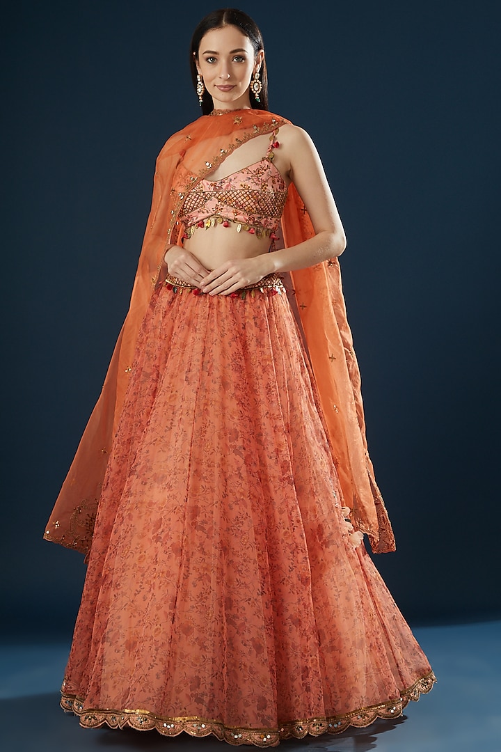 Peach Organza Printed Lehenga Set by Shashank Arya