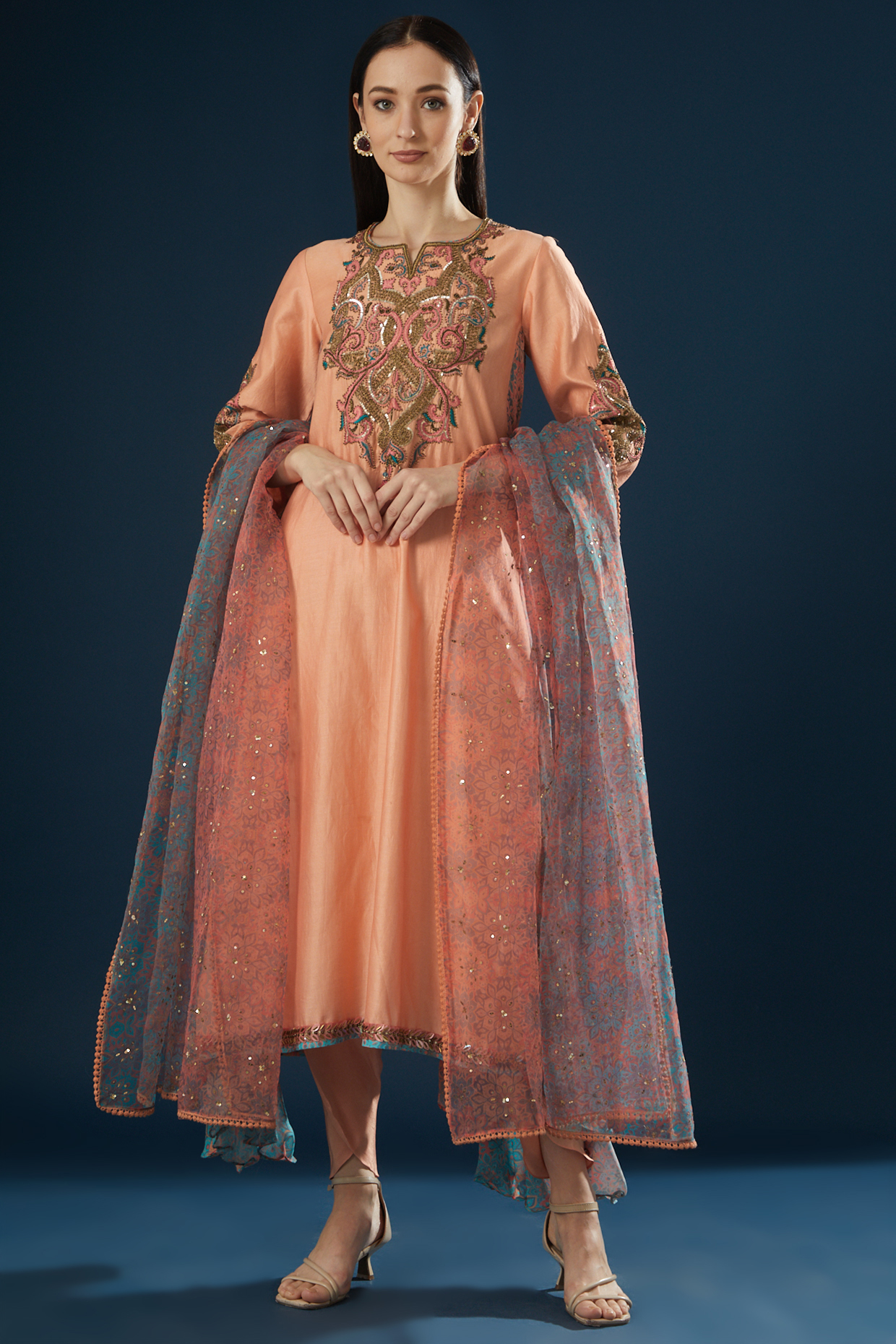 Peach Embroidered & Printed Kurta Set by Shashank Arya at Pernia's Pop Up Shop