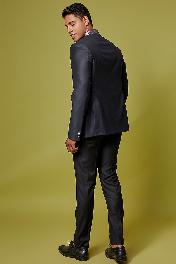 Navy Blue Poly Wool Jodhpuri Jacket Set by Ssavarto at Pernia's Pop Up Shop