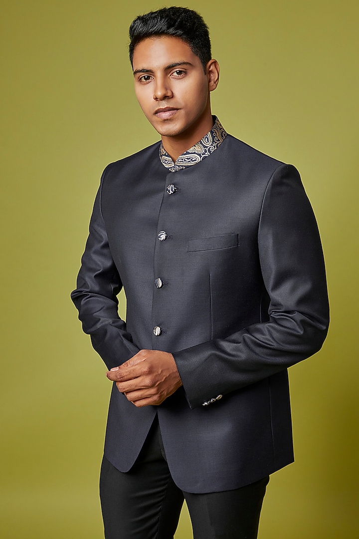 Navy Blue Poly Wool Jodhpuri Jacket Set by Ssavarto at Pernia's Pop Up Shop