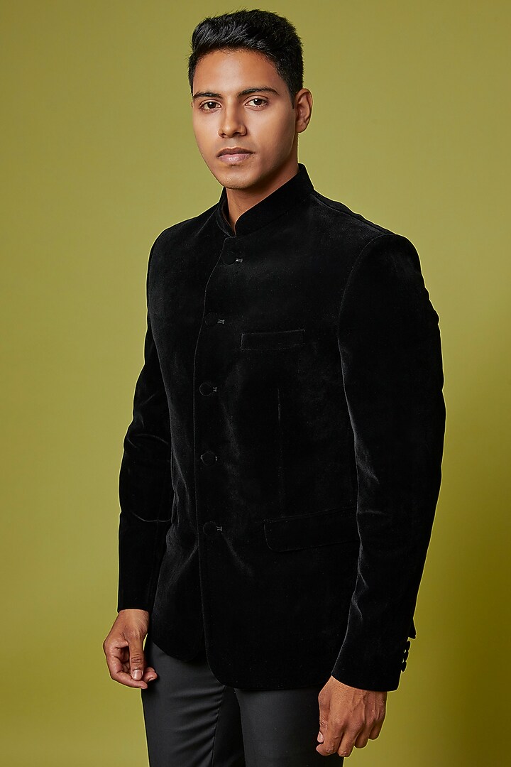 Black Velvet Jodhpuri Jacket Set by Ssavarto at Pernia's Pop Up Shop