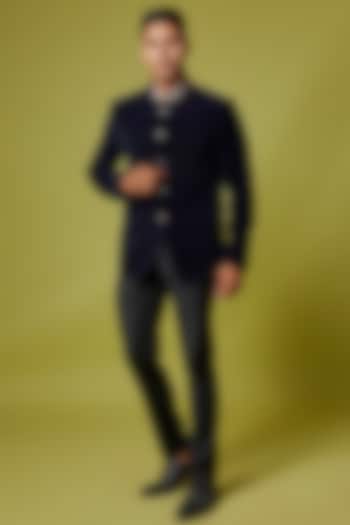 Navy Blue Velvet Jodhpuri Jacket Set by Ssavarto at Pernia's Pop Up Shop