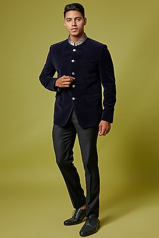 Navy Blue Velvet Jodhpuri Jacket Set by Ssavarto