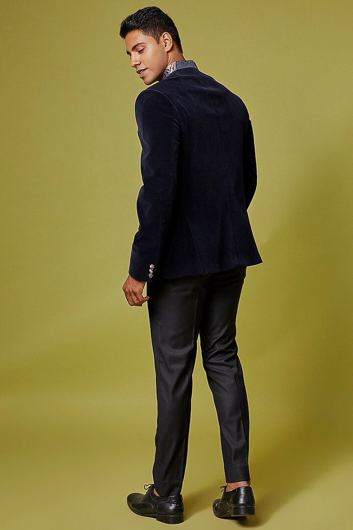 Navy Blue Velvet Jodhpuri Jacket Set by Ssavarto at Pernia's Pop Up Shop