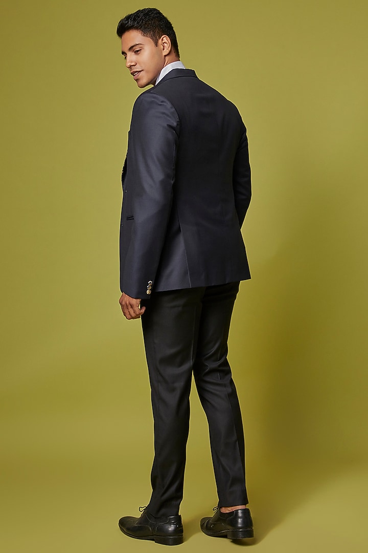 Navy Blue Poly Wool & Silk Brocade Tuxedo Set by Ssavarto at Pernia's Pop Up Shop