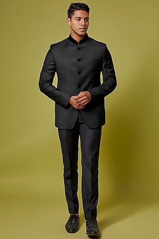 Grey Poly Wool Jodhpuri Jacket Set by Ssavarto