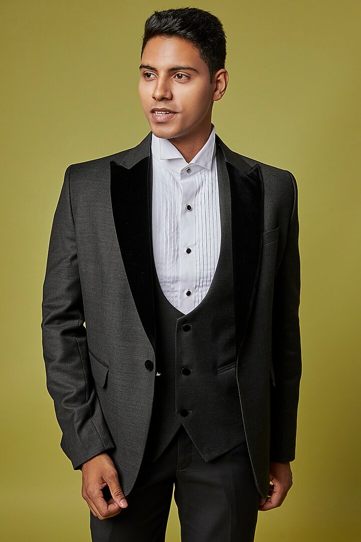 Grey Poly Wool Tuxedo Set by Ssavarto at Pernia's Pop Up Shop