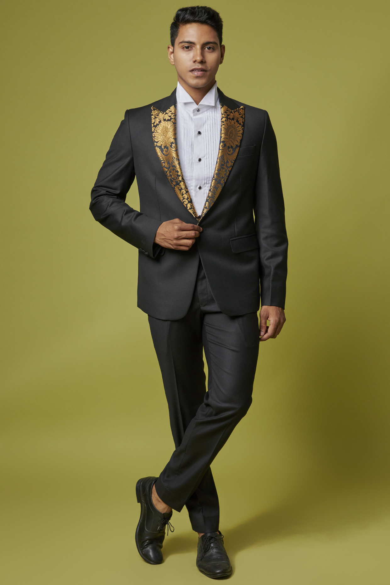 Black Poly Wool & Silk Brocade Tuxedo Set by Ssavarto at Pernia's Pop Up Shop