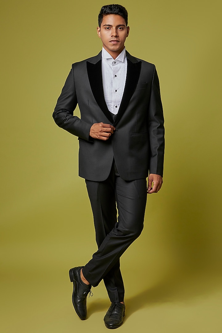 Black Poly Wool Tuxedo Set by Ssavarto