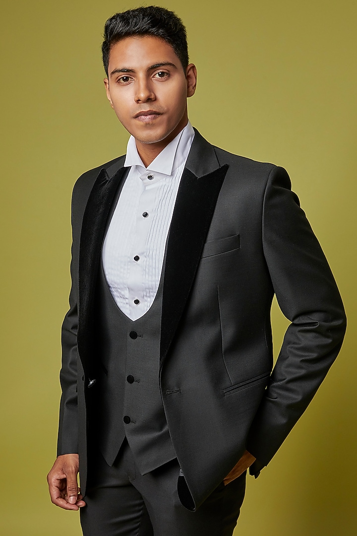 Black Poly Wool Tuxedo Set by Ssavarto at Pernia's Pop Up Shop