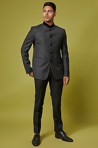 Black Poly Wool Jodhpuri Jacket Set by Ssavarto