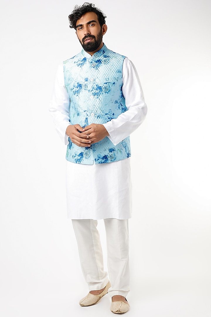 Sky Blue Digital Printed Nehru Jacket by Ssavarto