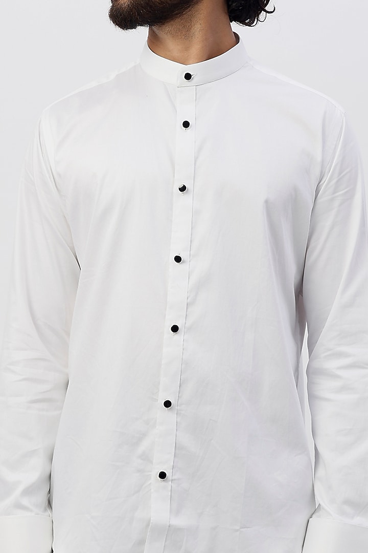 White Cotton Satin Band Collar Party Wear Shirt by Ssavarto at Pernia's Pop Up Shop