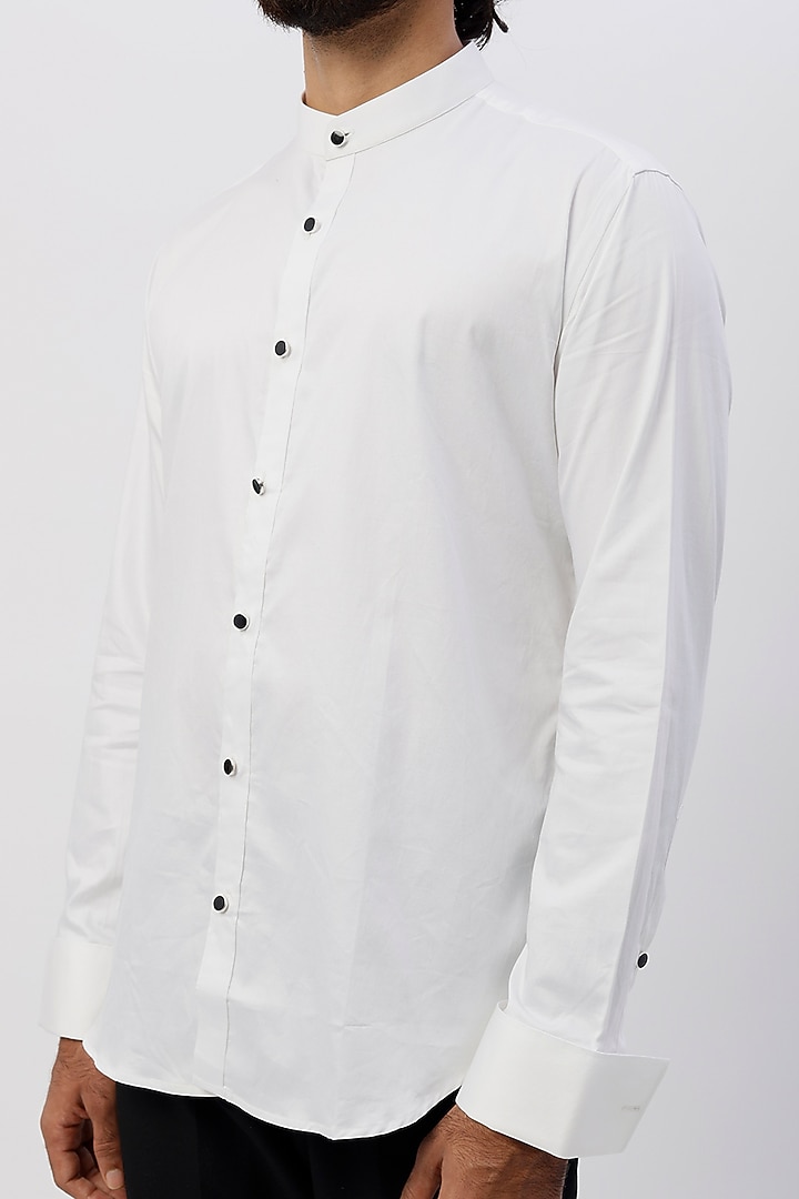 White Cotton Satin Band Collar Party Wear Shirt by Ssavarto at Pernia's Pop Up Shop