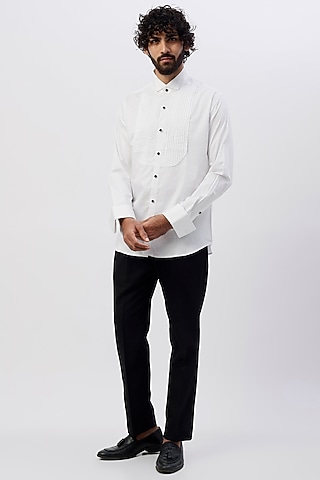 White Cotton Satin Pleated Tuxedo Shirt by Ssavarto