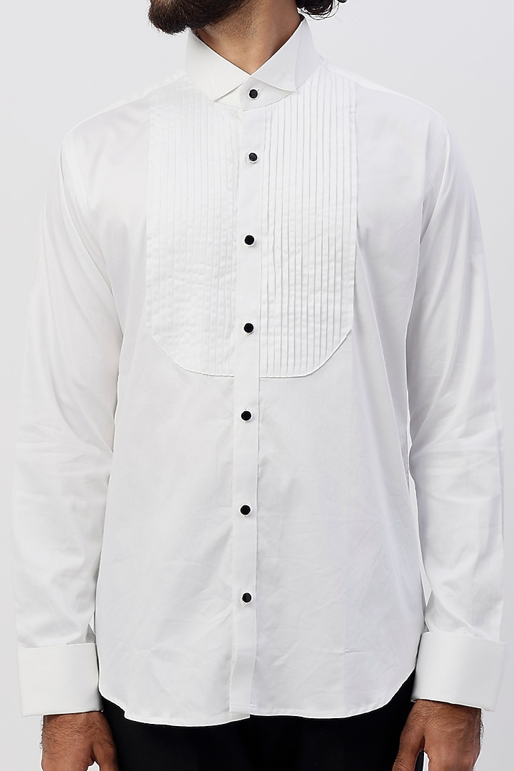 White Cotton Satin Pleated Tuxedo Party Wear Shirt by Ssavarto at Pernia's Pop Up Shop
