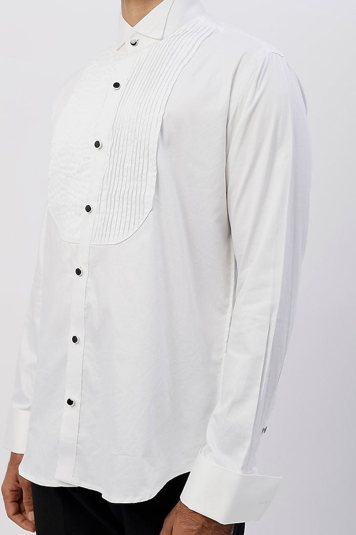 White Cotton Satin Pleated Tuxedo Party Wear Shirt by Ssavarto at Pernia's Pop Up Shop